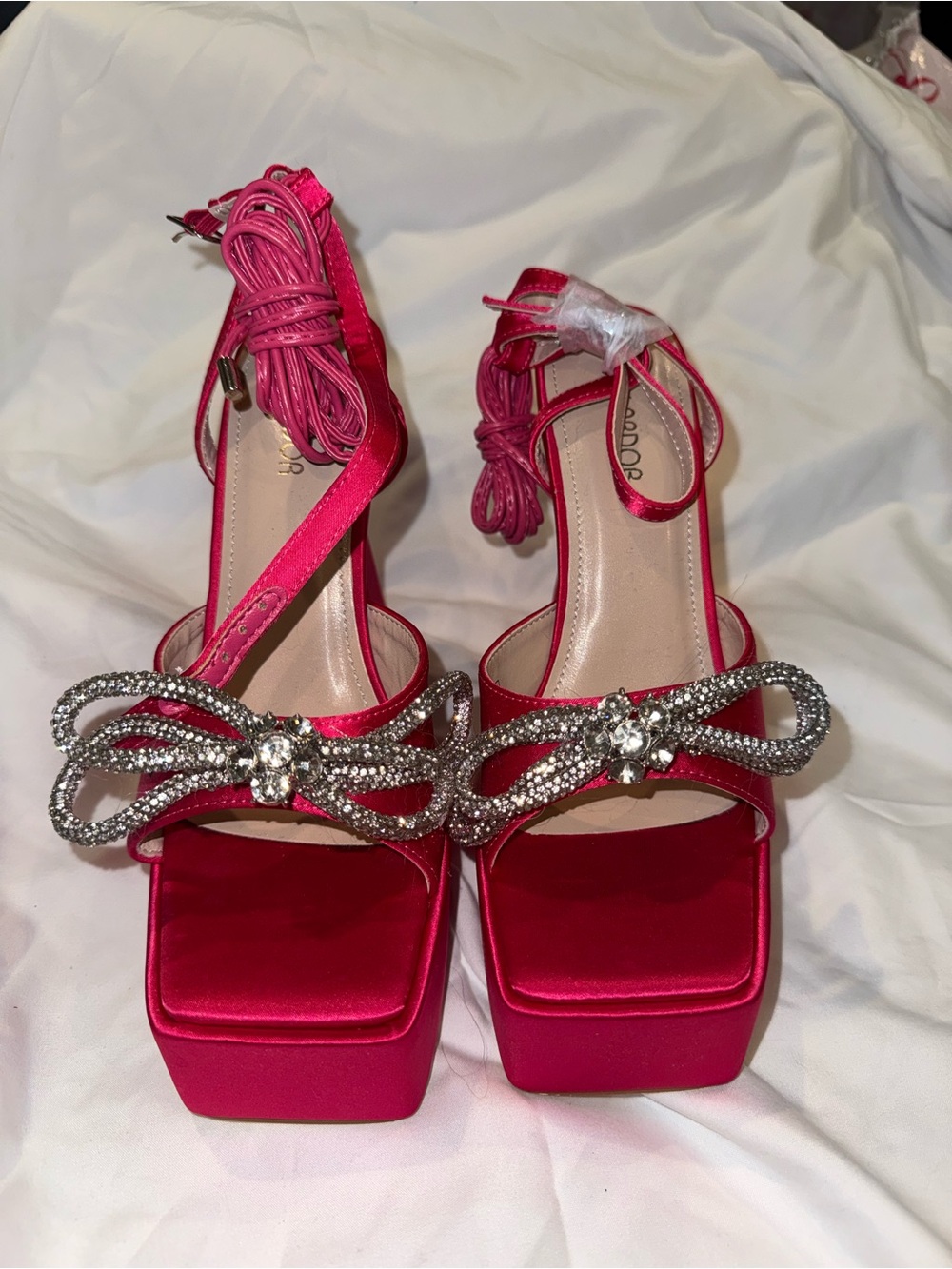 SHEIN Hot Pink Satin Platform Heeled Sandals with Crystal Bow